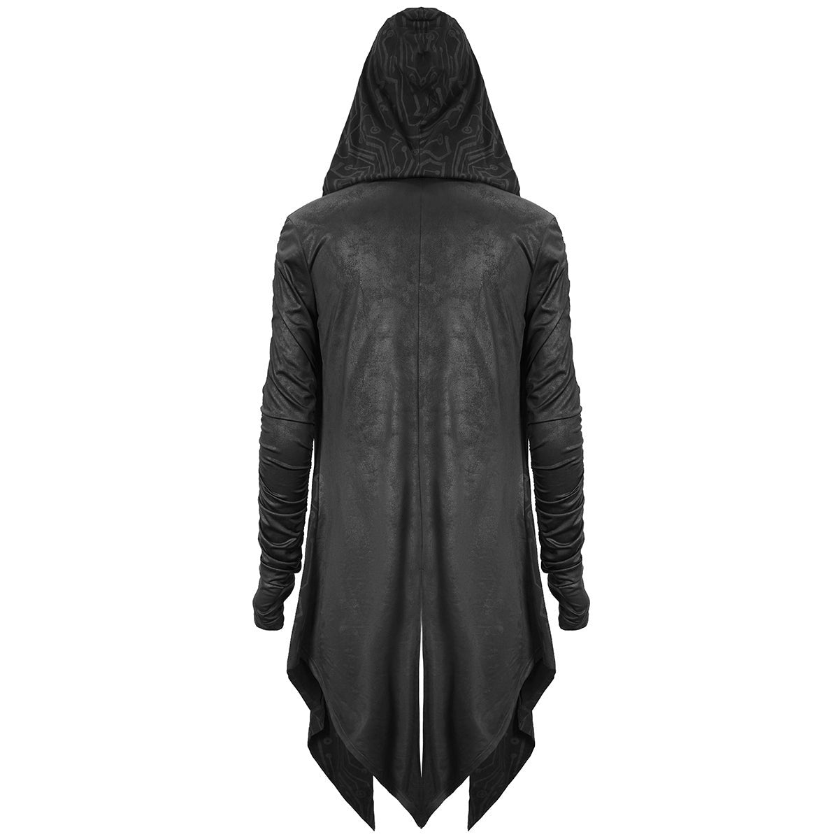 Zwarte lange gothic vest met capuchon, achteraanzicht, gedragen door model | Boutique Moda