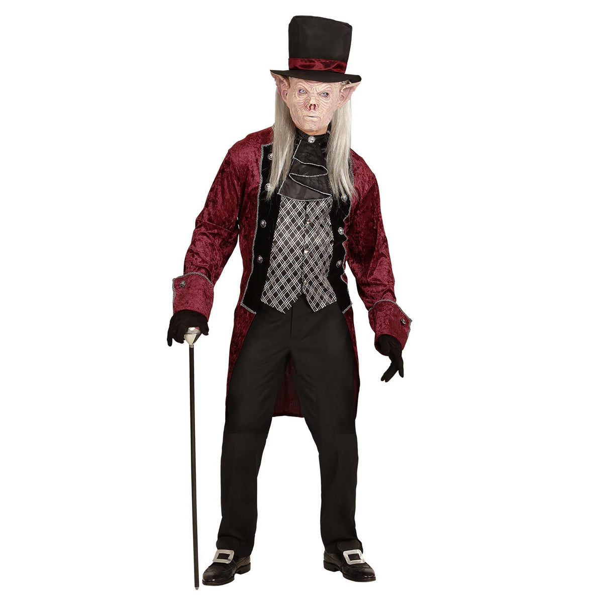Dracula Kostuum | Bordeauxrode Jas | Gilet | Jabot | Hoge Hoed