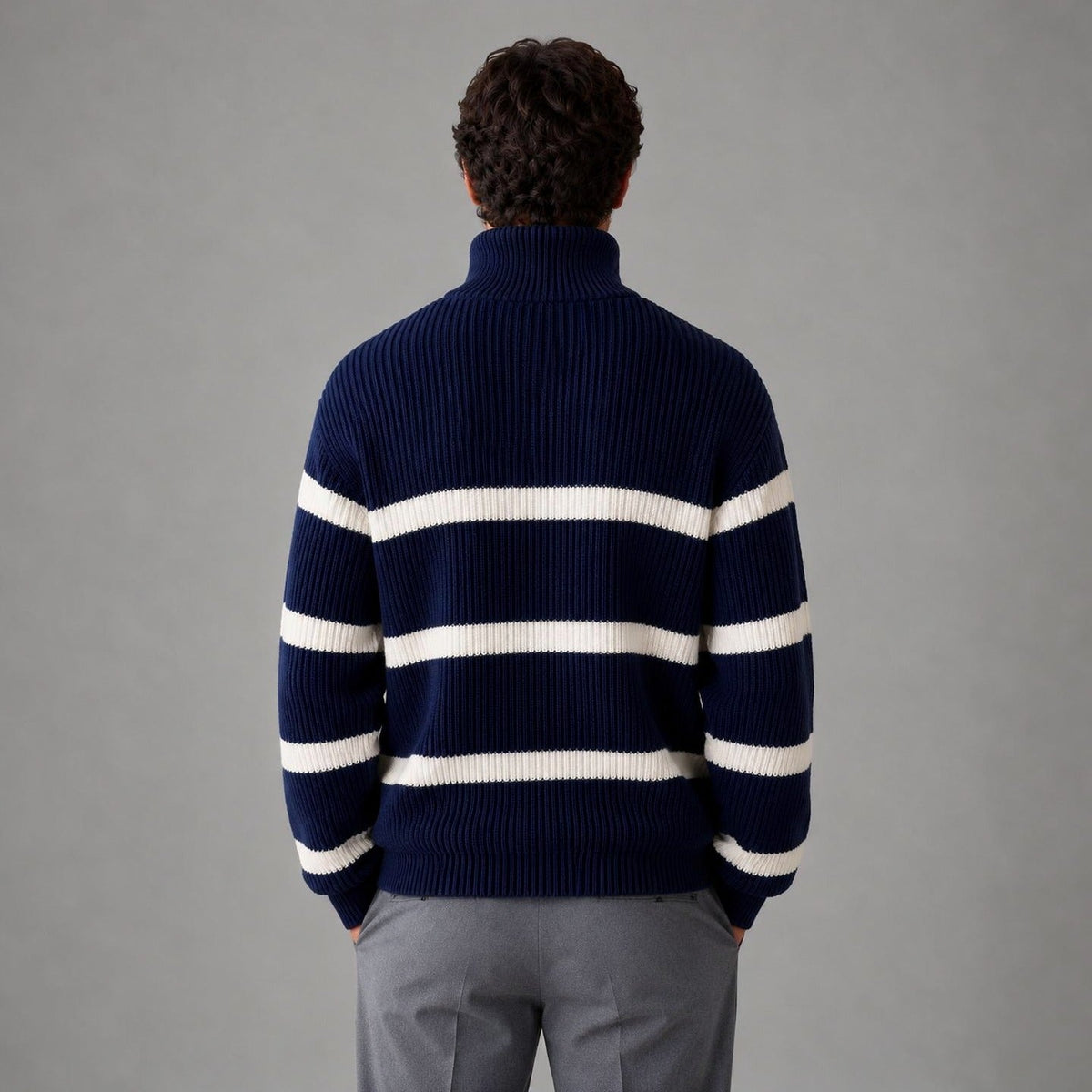 Gestreepte Trui met Rits Heren | Ribgebreid | Oversized | Opstaande Kraag