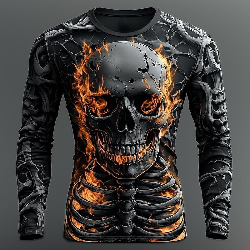 Longsleeve met vlammend doodshoofd print, gedragen door man, zwart grijs oranje | Boutique Moda