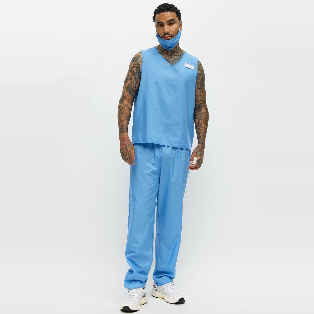 Dokter Kostuum Heren | Blauw Operatiepak | Mondkapje | Naambadge