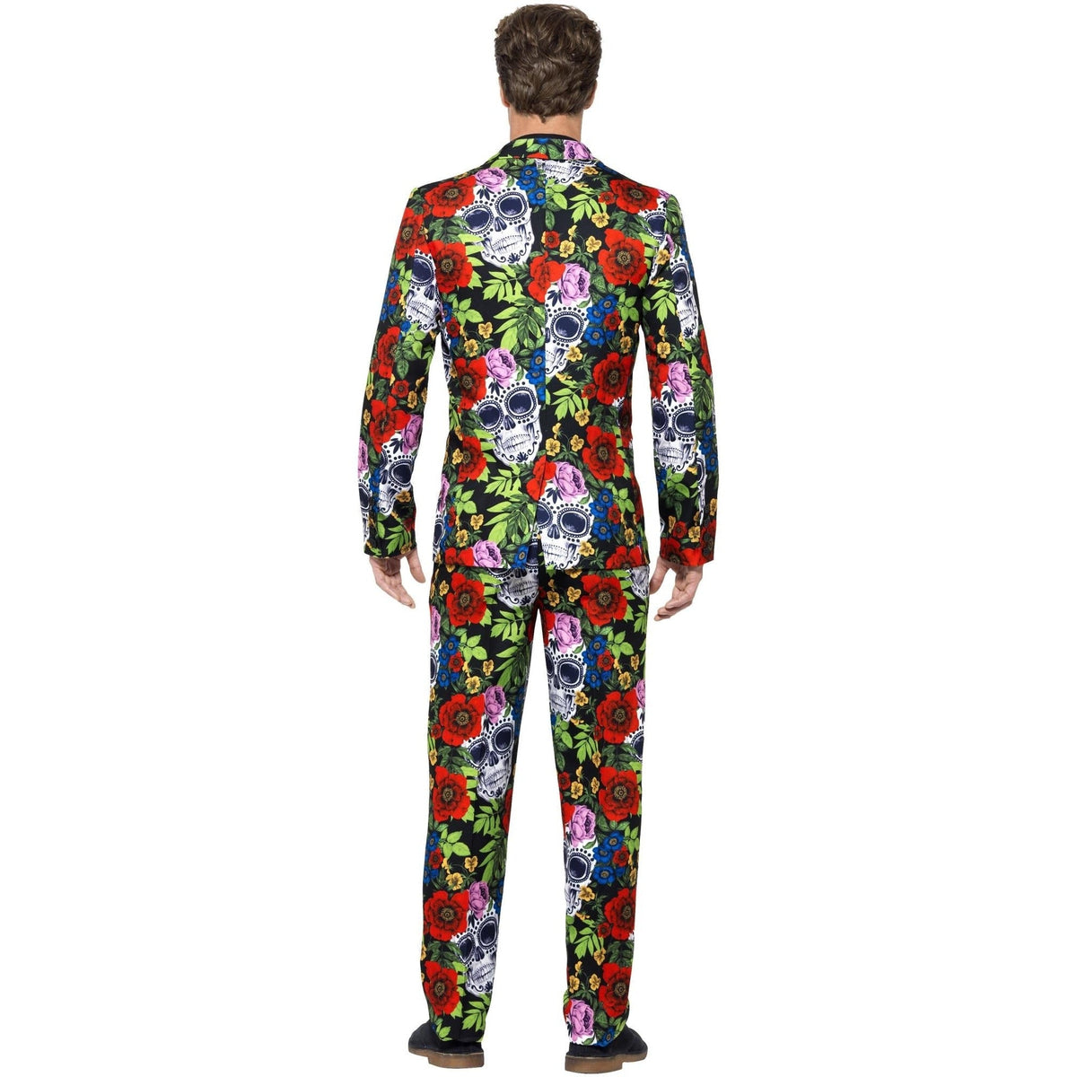 Man draagt kostuum met kleurrijke doodskop- en bloemenprint, achteraanzicht getoond | Boutique Moda