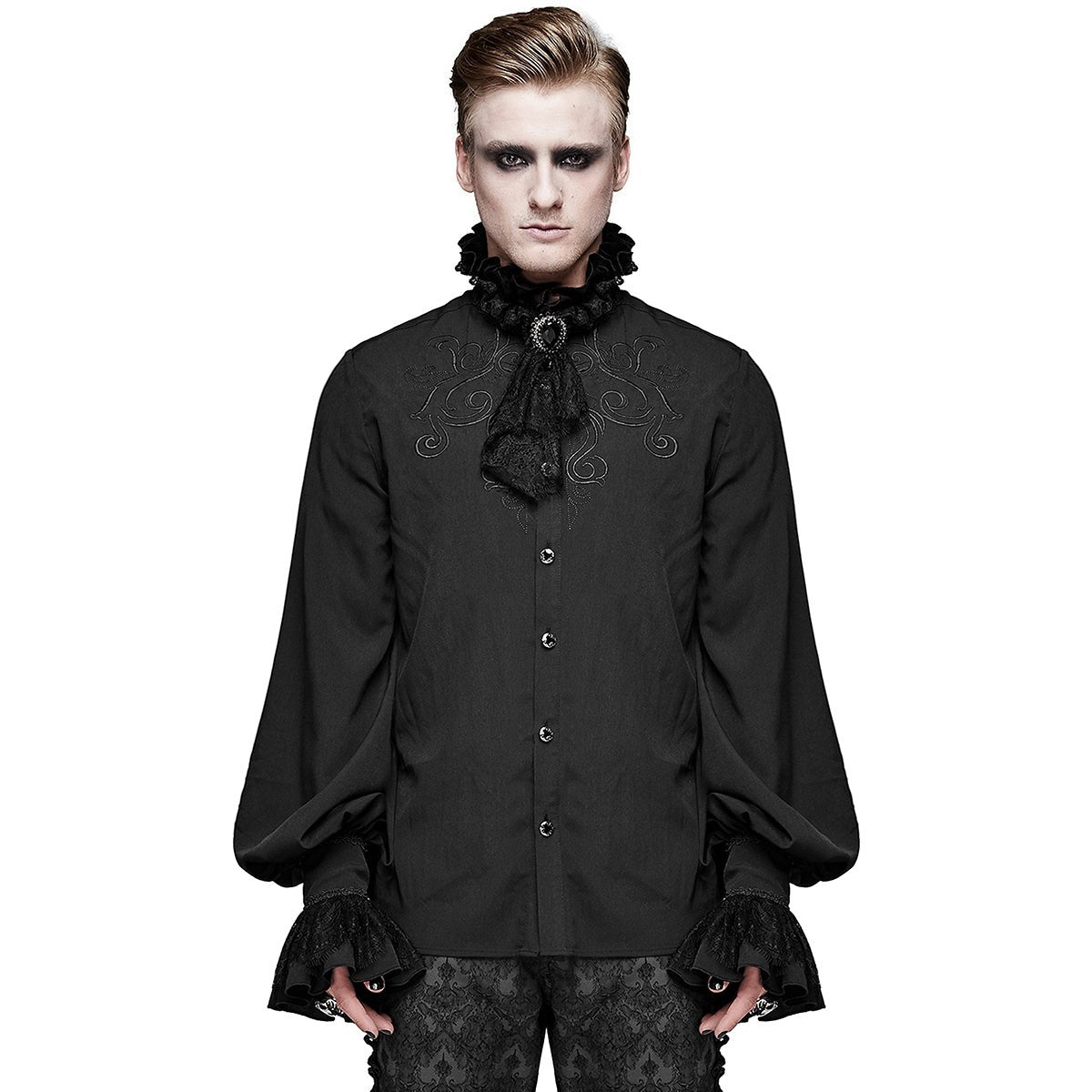 Zwart gothic overhemd met kanten jabot, gedragen door een man | Boutique Moda