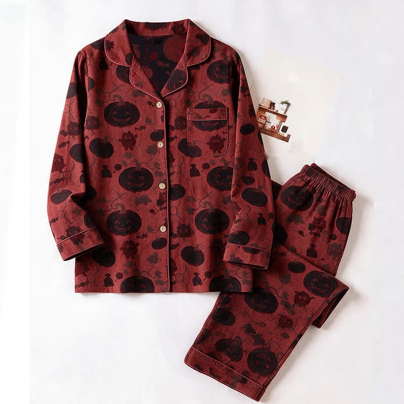 Pompoen Monster Pyjamaset Heren | Knoopsluiting | Rood met Zwart