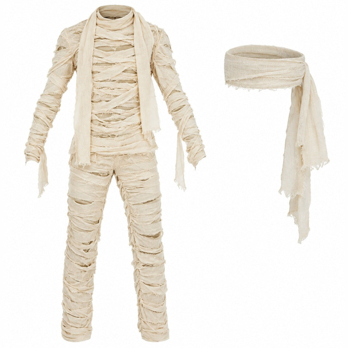 Mummie Kostuum Heren | Jumpsuit | Rafelige Stroken | Hoofdband