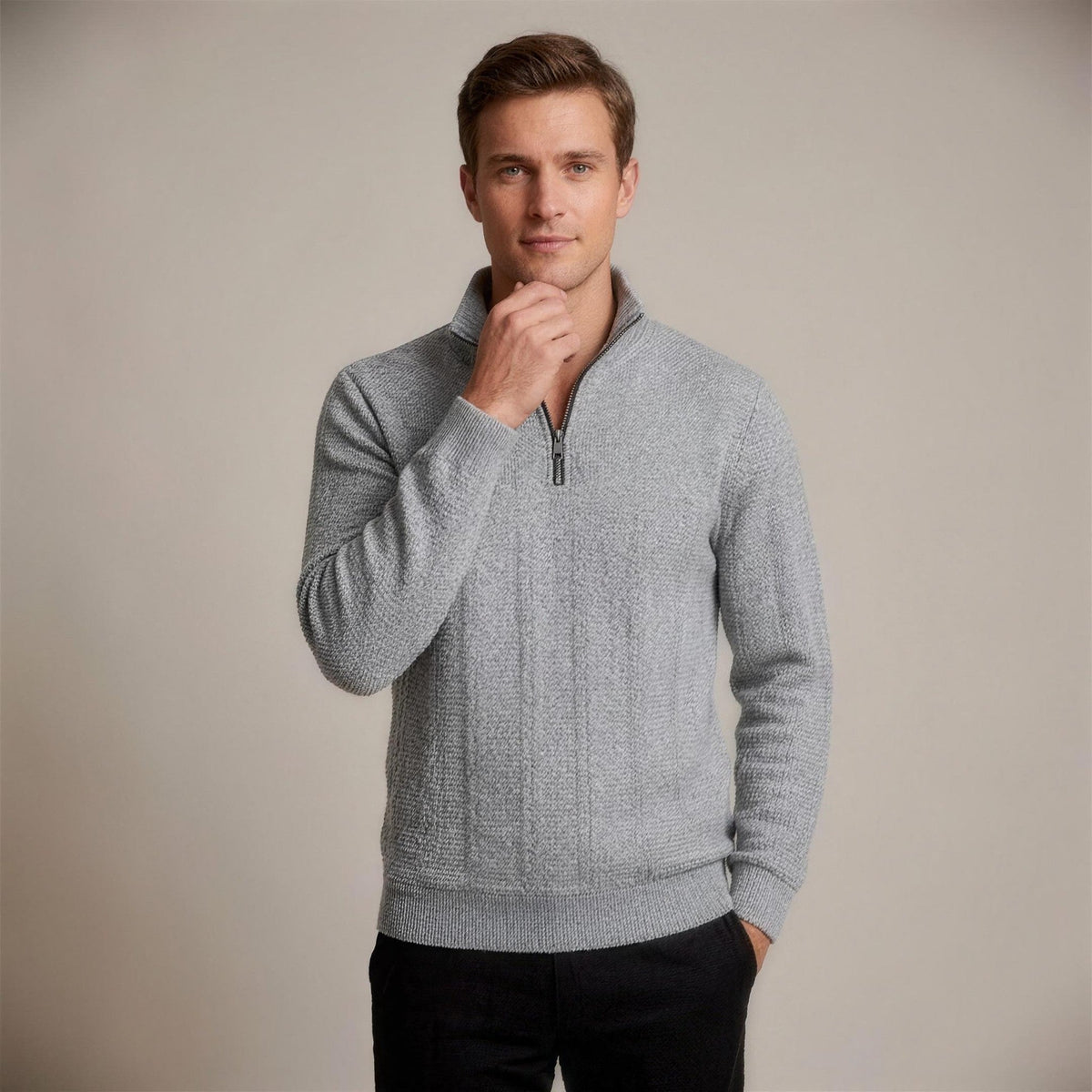 Relaxed Fit Trui met Rits Heren | Kabelpatroon | Opstaande Kraag