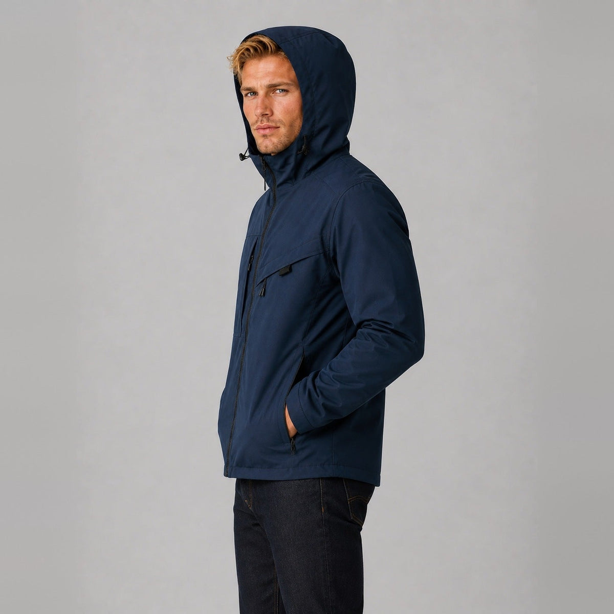 Donkerblauwe outdoorjas met capuchon, gedragen door een man, zijaanzicht | Boutique Moda