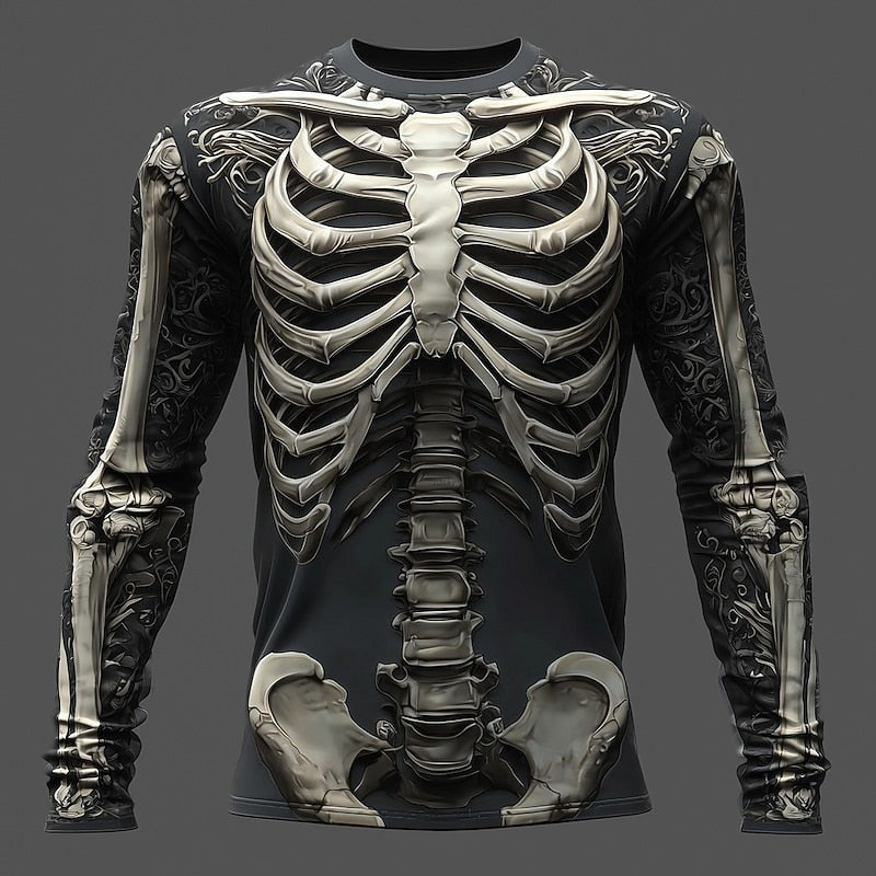 Zwarte longsleeve met 3D-skeletprint op torso en mouwen, gedragen door model | Boutique Moda