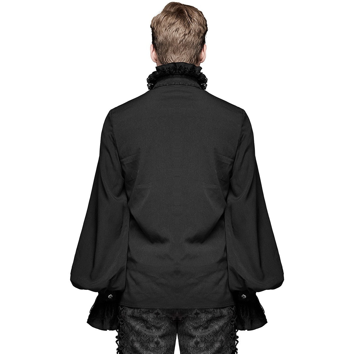 Zwart gothic overhemd met wijde mouwen, gedragen door model, achteraanzicht | Boutique Moda