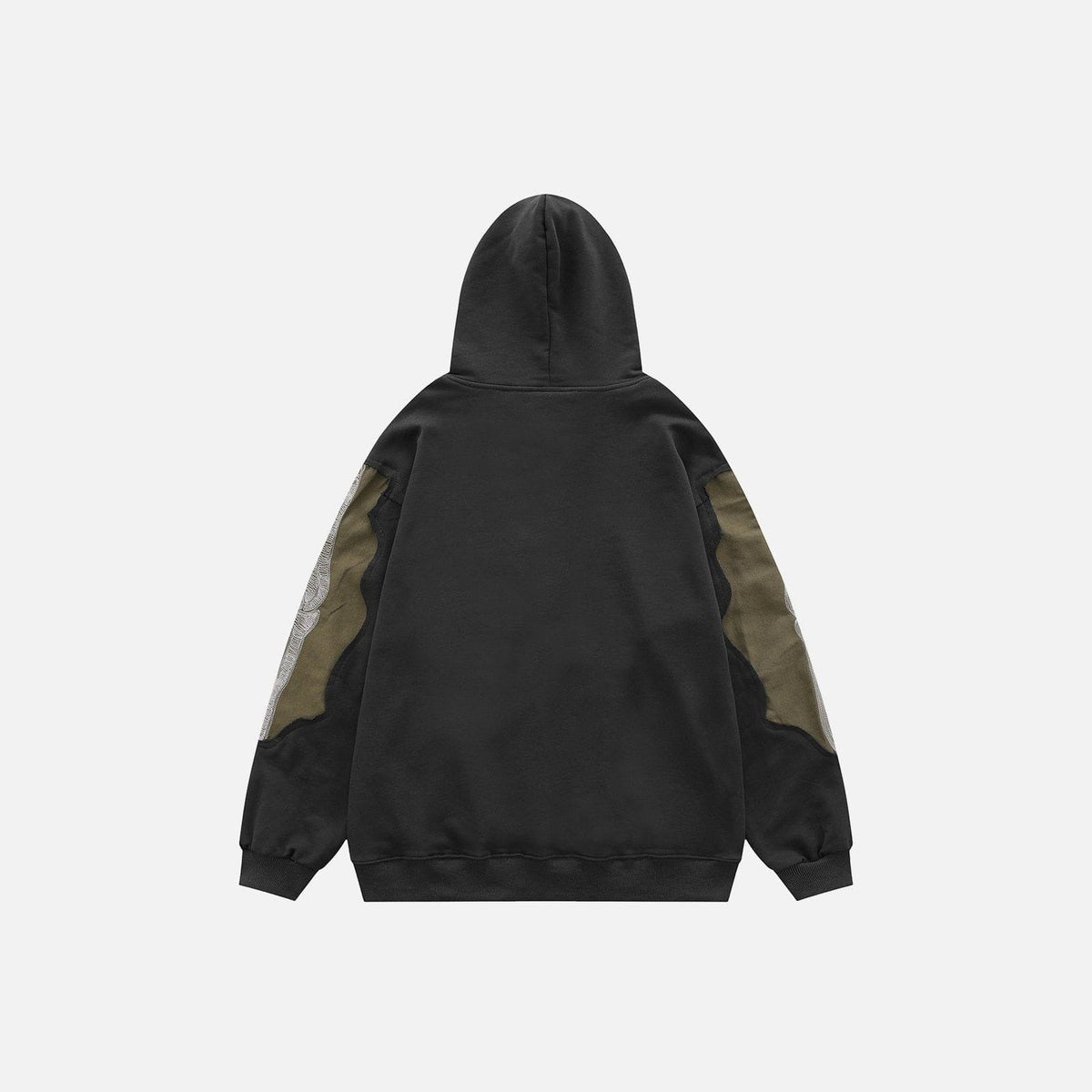 Zwarte hoodie met camouflage mouwen, vlak liggend, achteraanzicht getoond | Boutique Moda