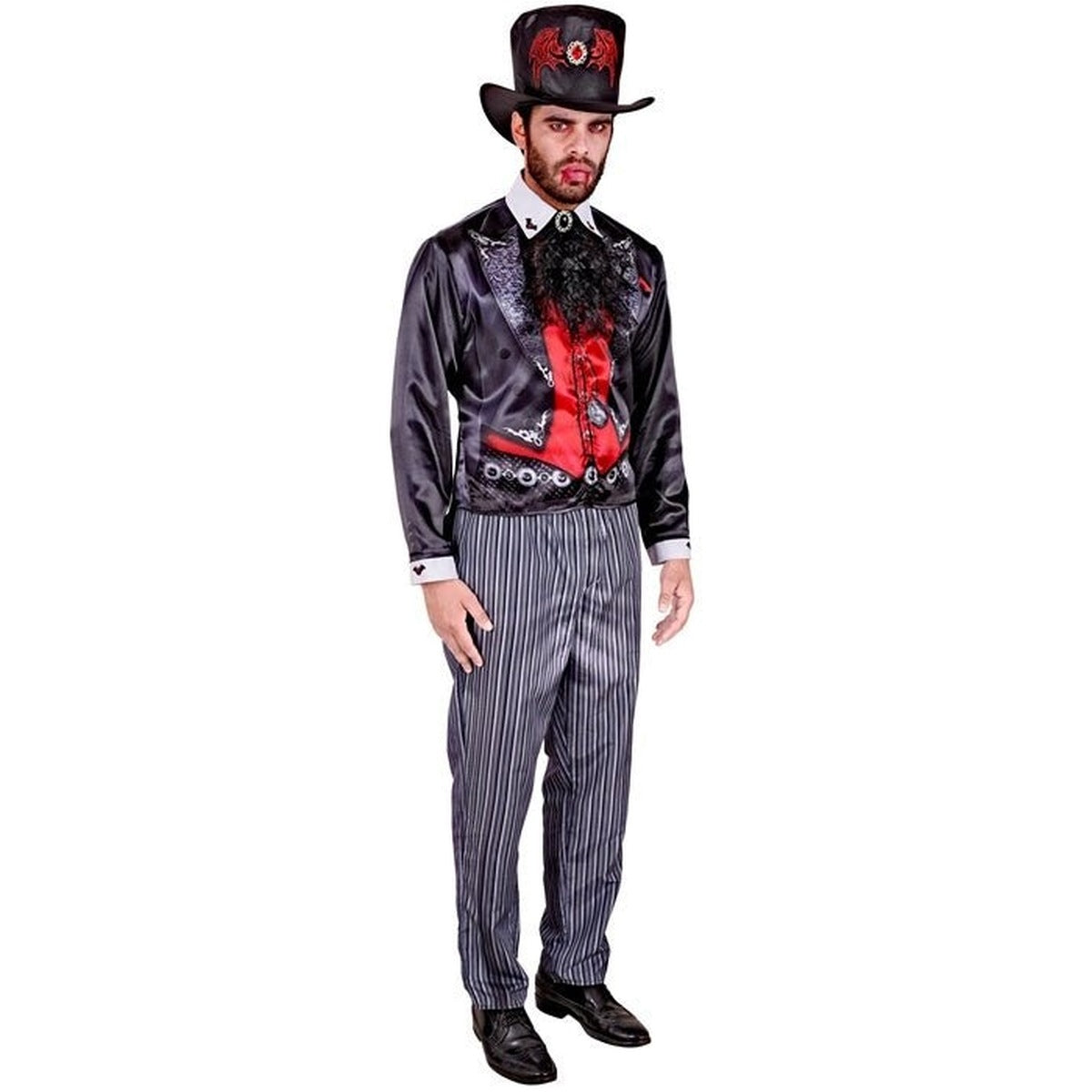 Gothic Vampier Kostuum | Slipjas | Krijtstreepbroek | Hoge Hoed | Jabot