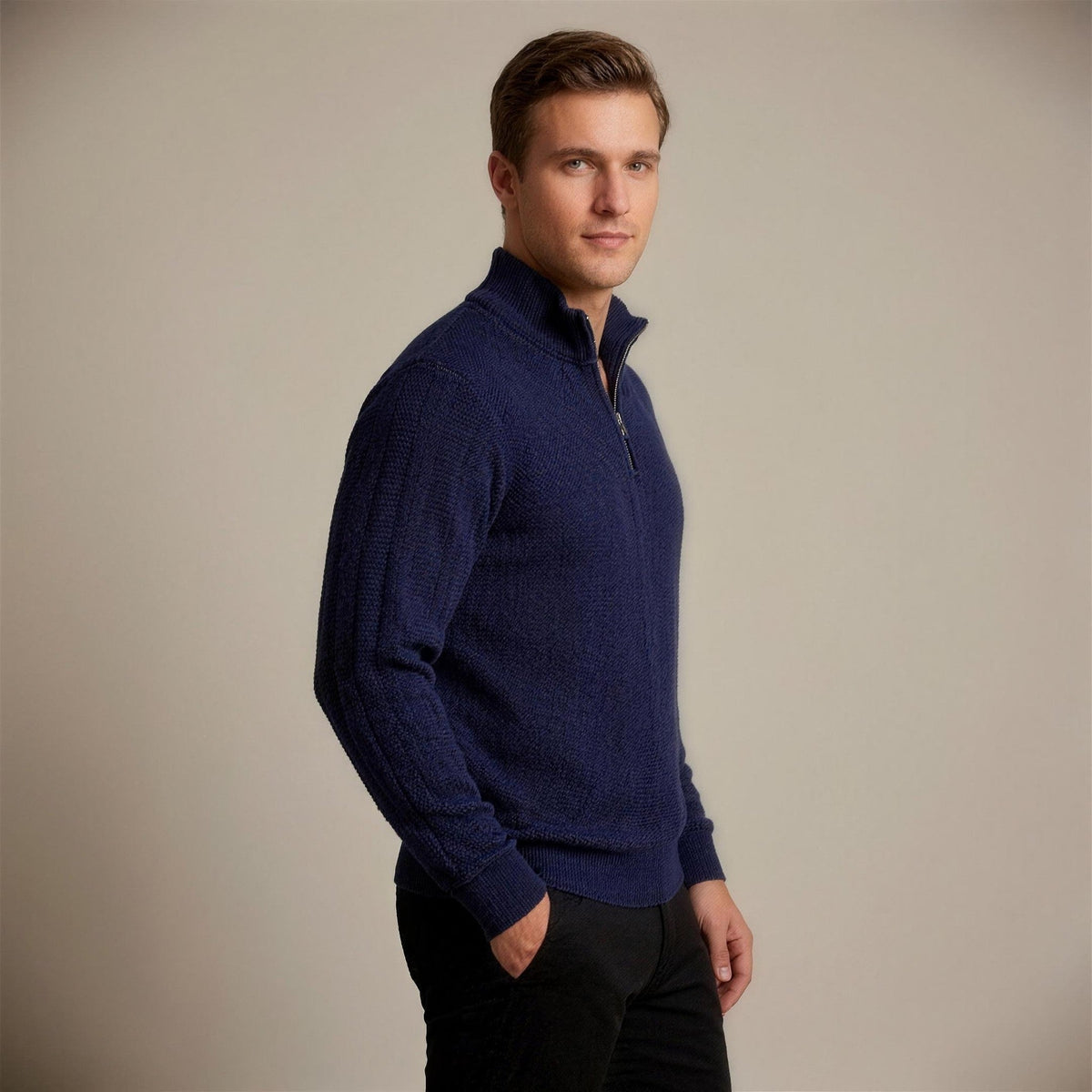 Relaxed Fit Trui met Rits Heren | Kabelpatroon | Opstaande Kraag
