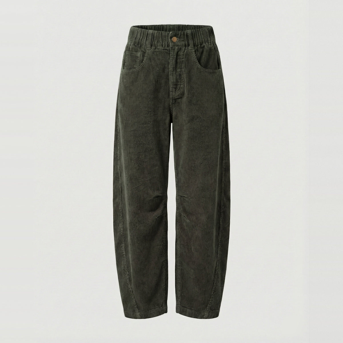 Donkergroene corduroy broek met wijde pijpen en elastische taille, uitgestald | Boutique Moda