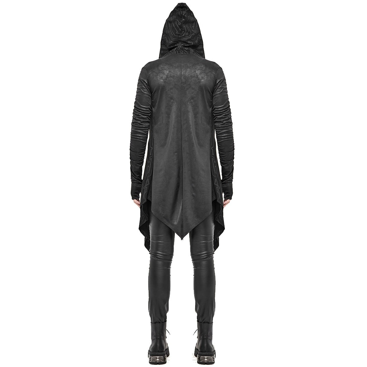 Zwarte gothic capuchonjas met geribbelde mouwen, achteraanzicht, gedragen door model | Boutique Moda