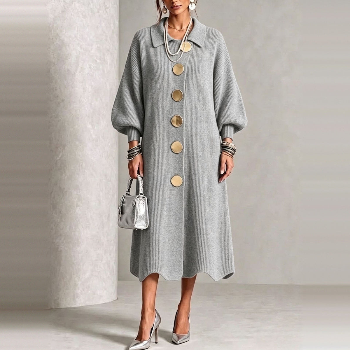 Gebreide Jurk Dames met Knopen | Ballonmouwen | Golvende Zoom | 7 Kleuren