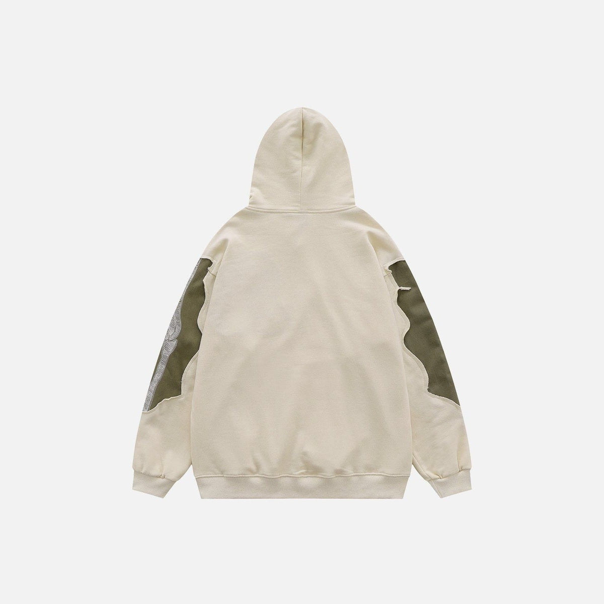 Beige hoodie met kaki patchwork panelen, achteraanzicht, plat gefotografeerd | Boutique Moda