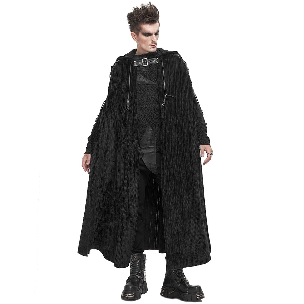 Zwarte gothic cape met capuchon, geribbelde textuur, gedragen door model | Boutique Moda