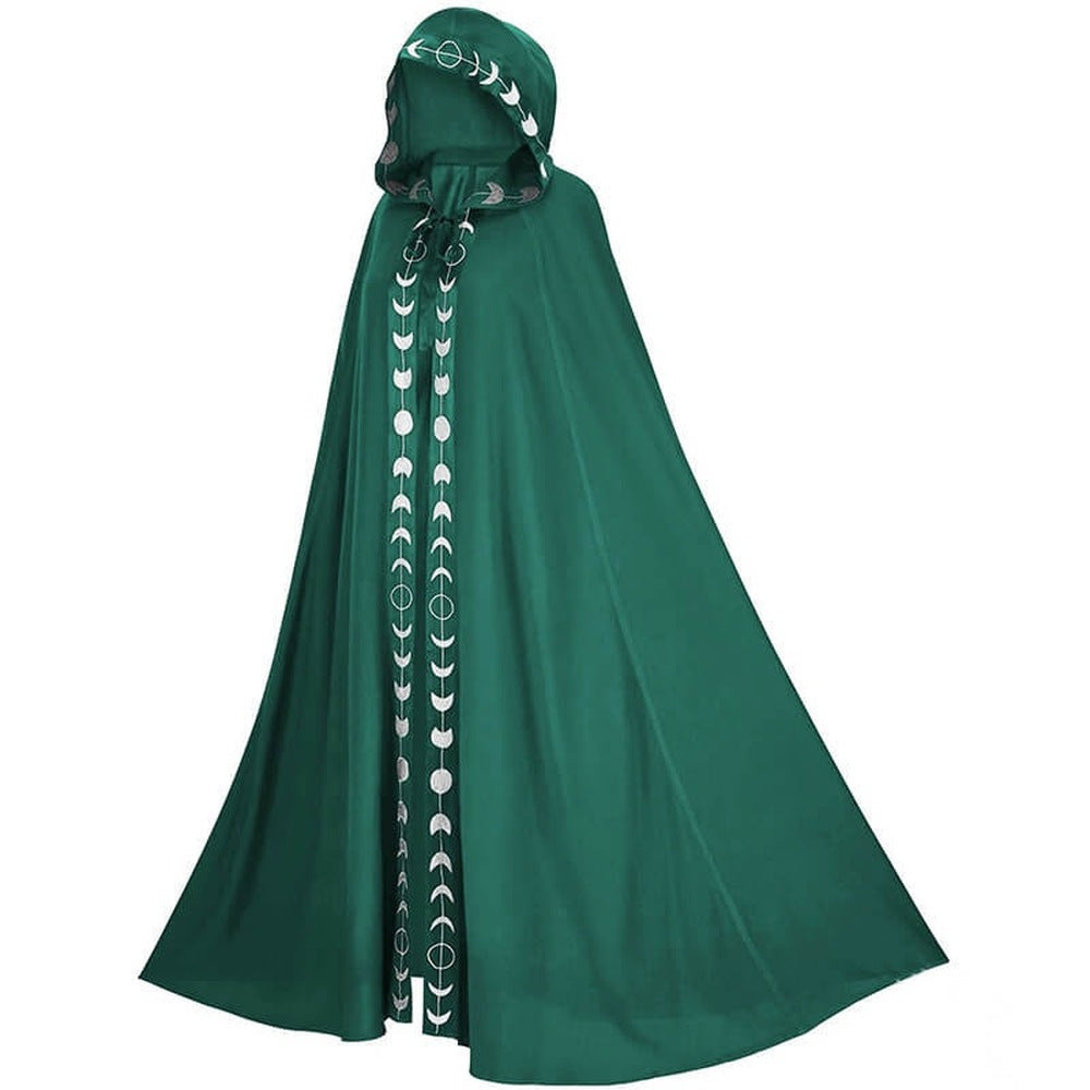Groene cape met capuchon, maanfase-print, gedragen door model in zijaanzicht | Boutique Moda