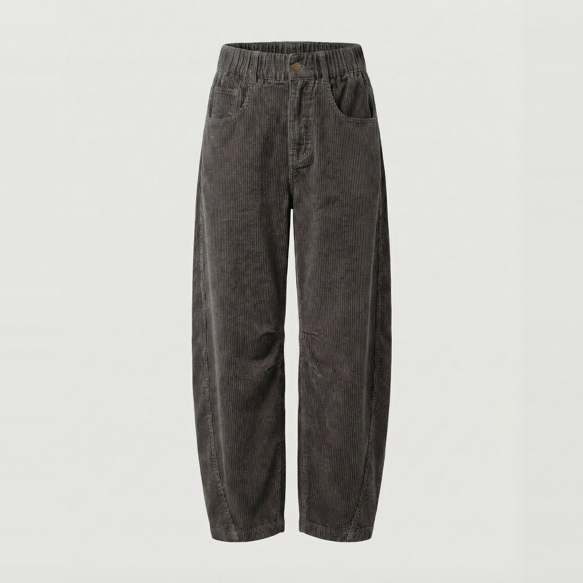 Donkergrijze corduroy broek met hoge taille, plat liggend gefotografeerd | Boutique Moda