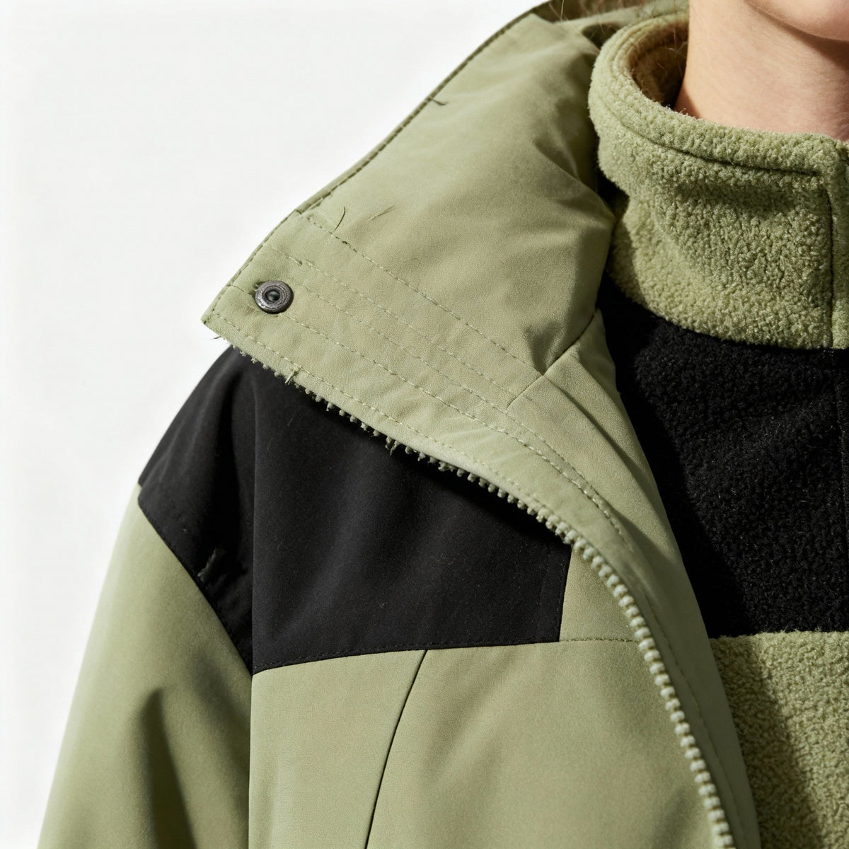 Groen legergroene jas met zwarte details, gedragen door een persoon, close-up kraag | Boutique Moda