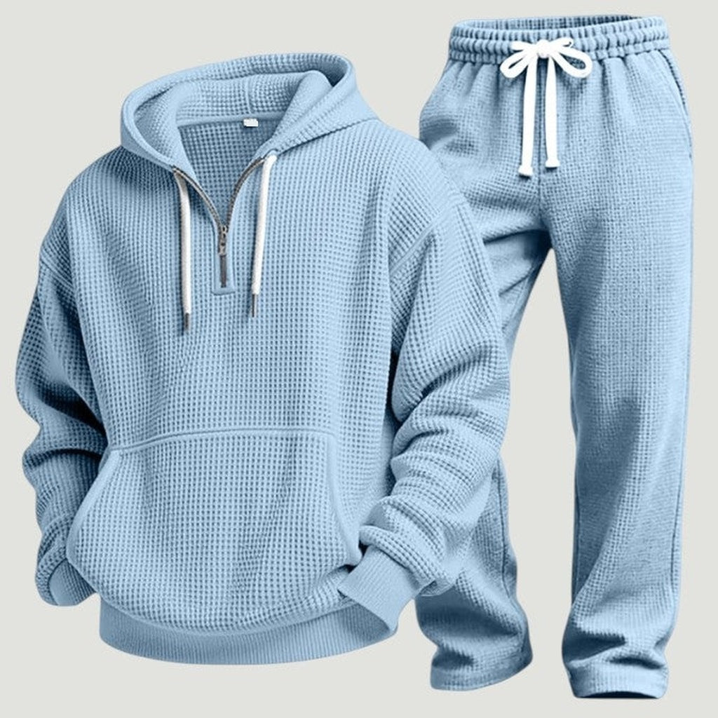 Lichtblauw wafeltextuur trainingspak met hoodie en halve rits, flat lay | Boutique Moda