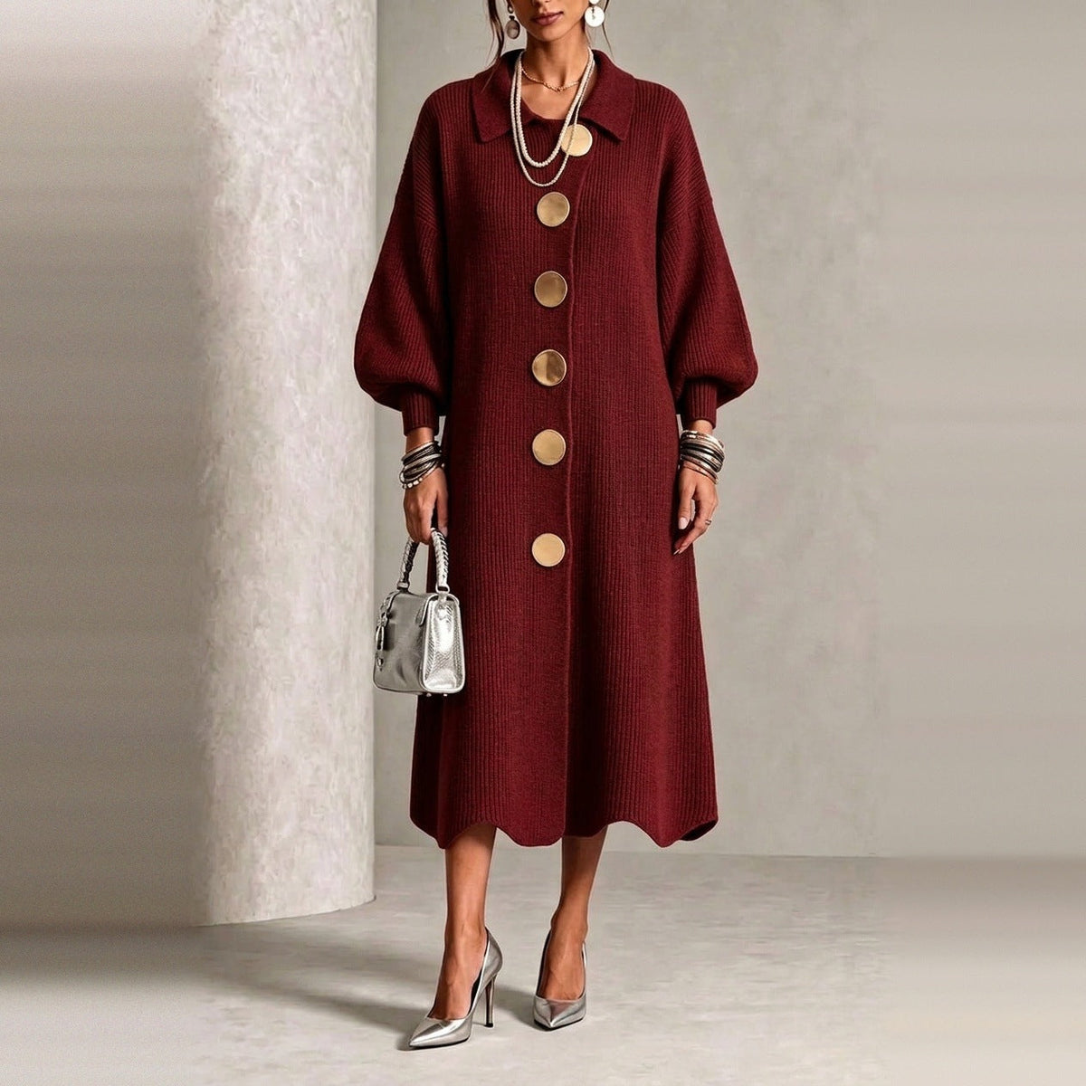 Gebreide Jurk Dames met Knopen | Ballonmouwen | Golvende Zoom | 7 Kleuren