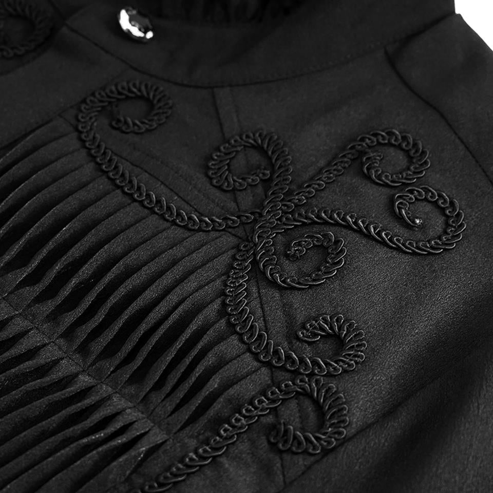 Zwart gehabt overhemd met koorden borduursel en geplooid detail, close-up | Boutique Moda