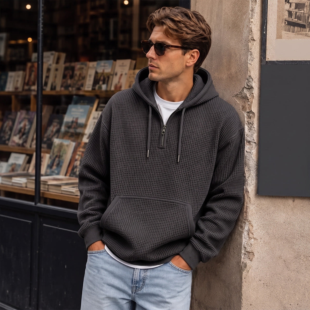 Wafelhoodie Heren | Korte Rits | Buidelzak