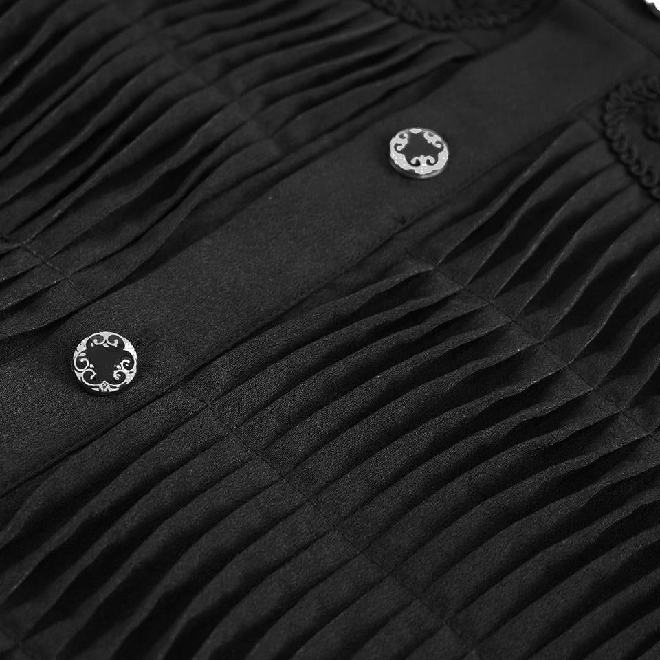 Zwart geplisseerd overhemd close-up met sierknopen en koordornament details, uitgelicht | Boutique Moda