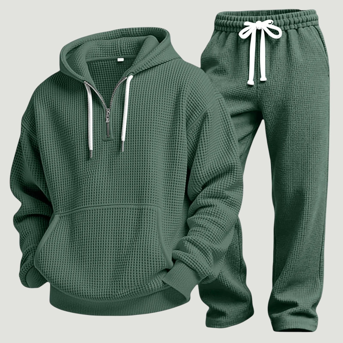Groen wafelstof trainingspak met capuchon en halve rits, platliggend uitgestald | Boutique Moda