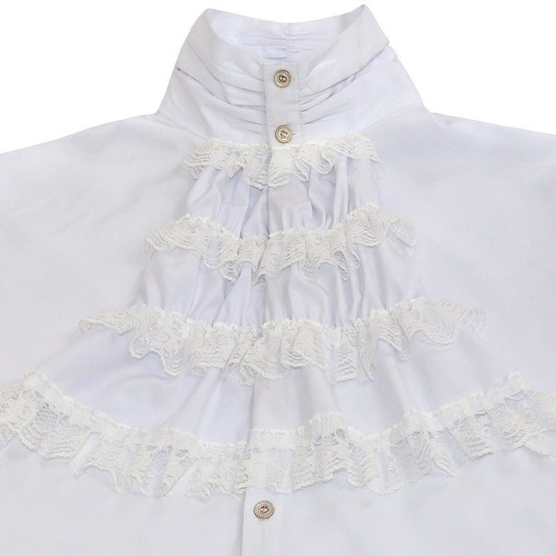 Wit overhemd met kanten jabot en ruches, close-up detail | Boutique Moda