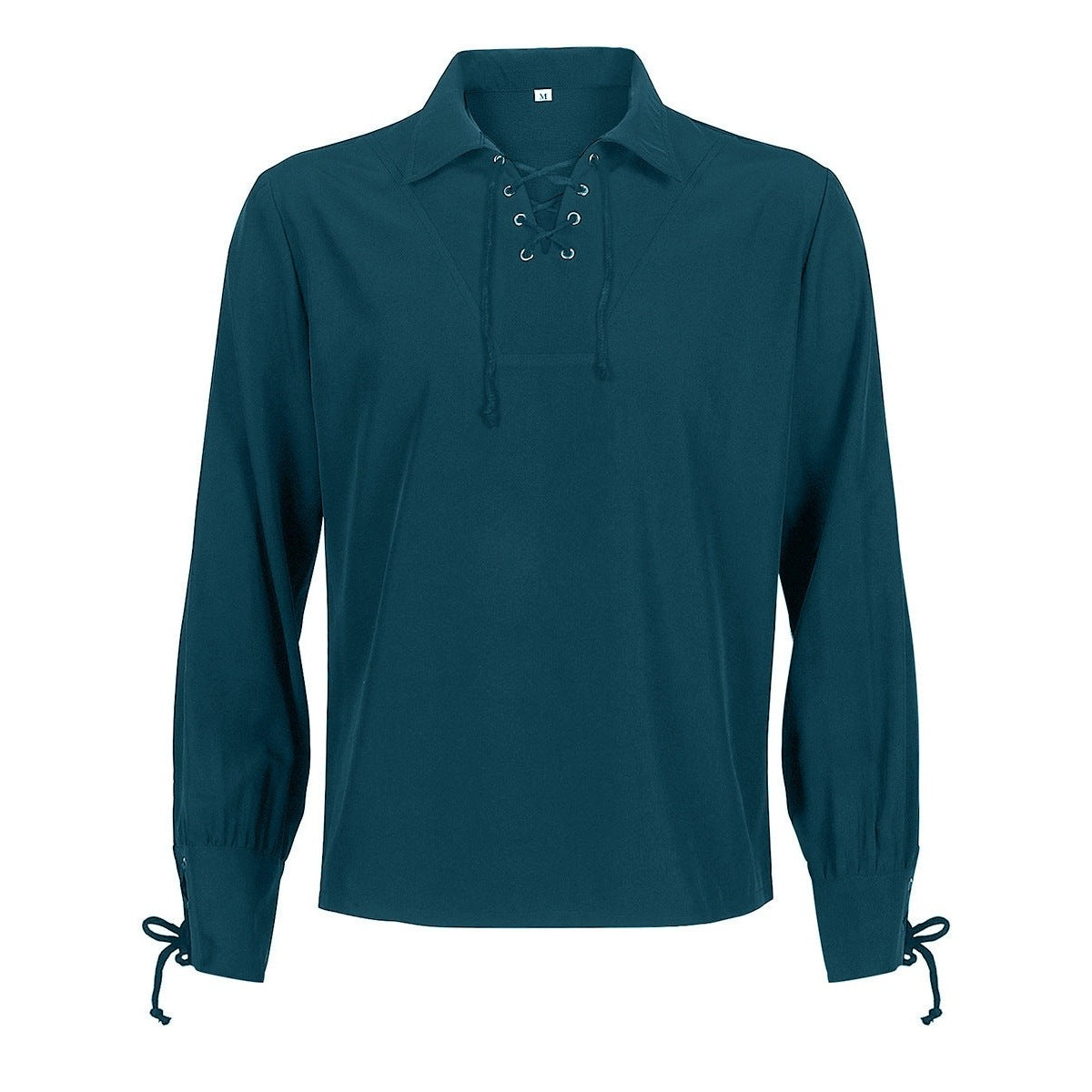 Donkerblauw middeleeuws overhemd met vetersluiting en lange mouwen, uitgestald liggend | Boutique Moda