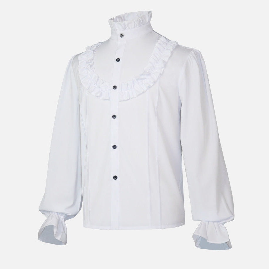 Wit ruche overhemd met jabot en pofmouwen op paspop getoond | Boutique Moda