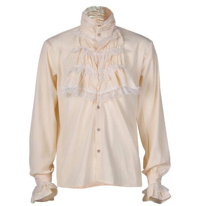 Crème kleurig ruche overhemd met kanten details, getoond op onzichtbare mannequin | Boutique Moda