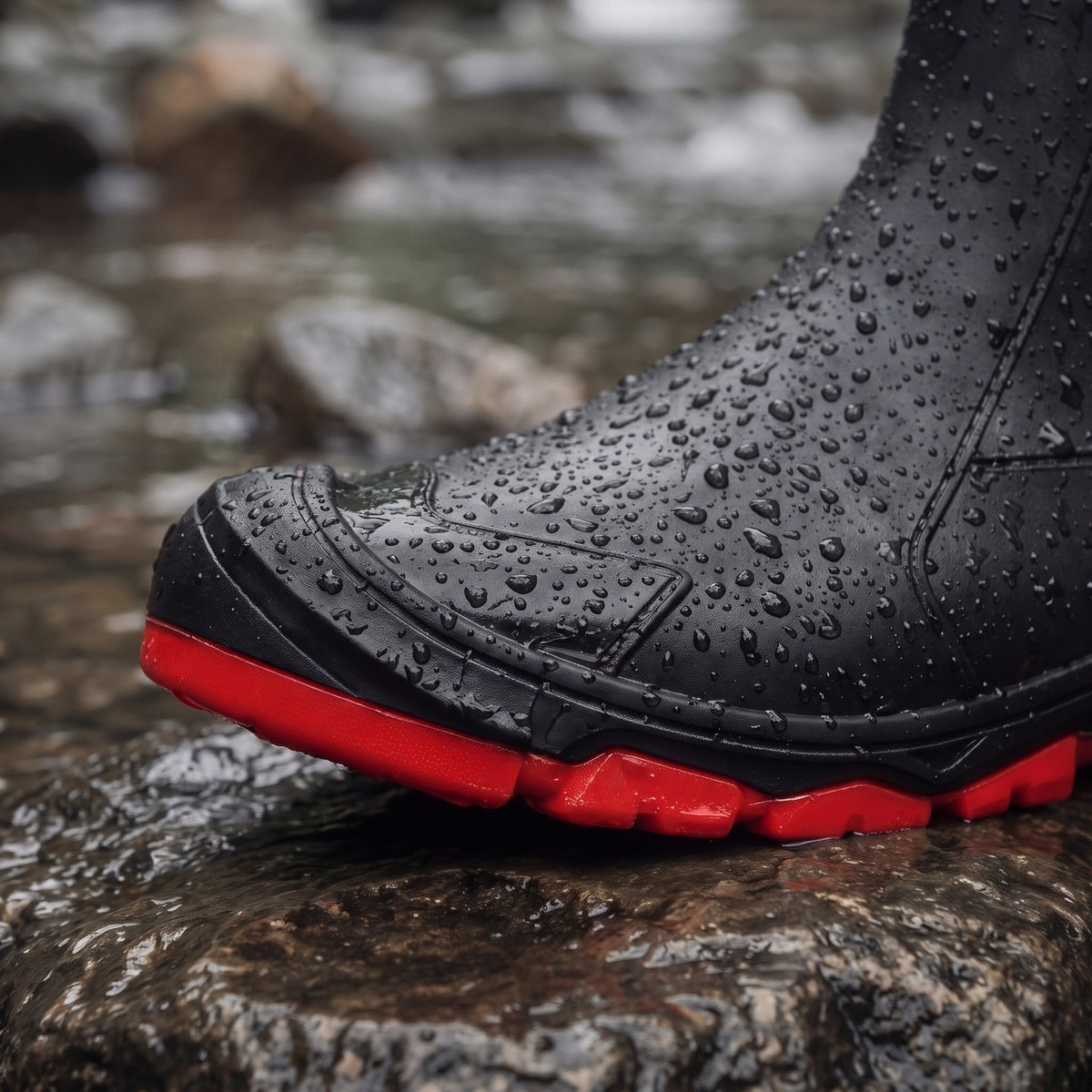 Zwarte regenlaars met rode profielzool, close-up gedragen op natte rots | Boutique Moda