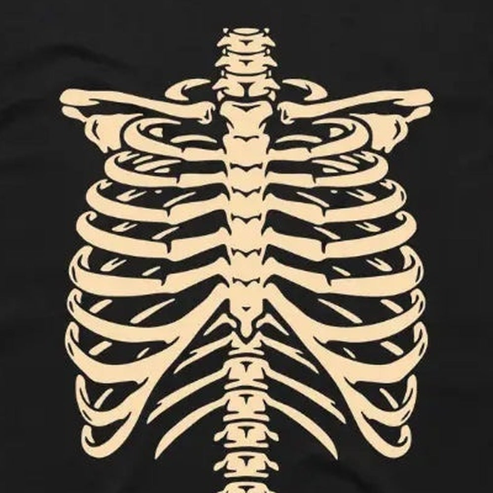 Zwart shirt met beige ribbenkast skeletprint, close-up zonder model | Boutique Moda