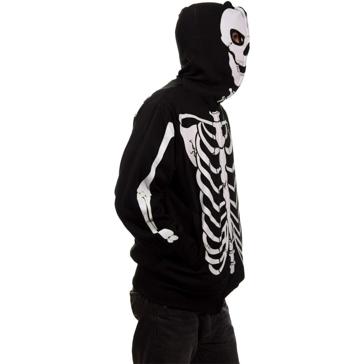 Zwarte hoodie met wit skeletprint en doodskop capuchon, gedragen door model | Boutique Moda
