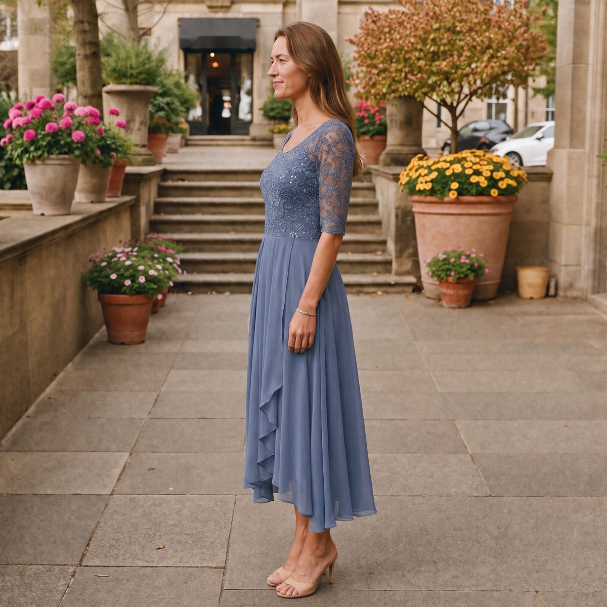Midi Jurk Dames met Kanten Lijfje | Gedrapeerd | Blauw