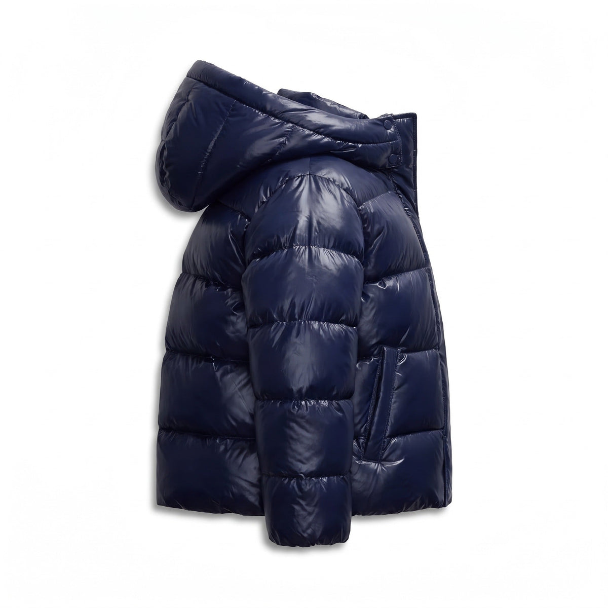 Glanzende donkerblauwe pufferjas met capuchon, zijaanzicht, vrijstaand getoond | Boutique Moda