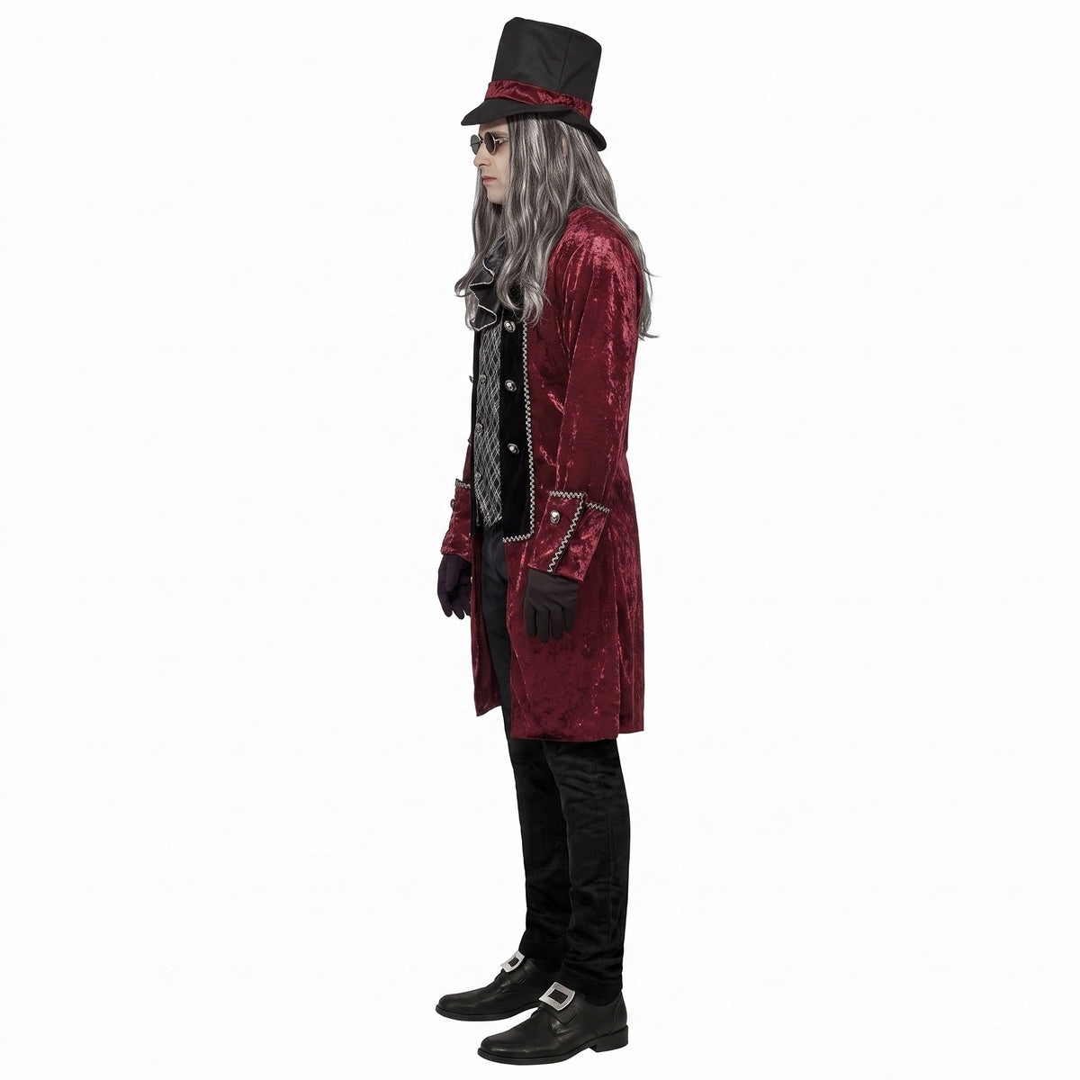Dracula Kostuum | Bordeauxrode Jas | Gilet | Jabot | Hoge Hoed