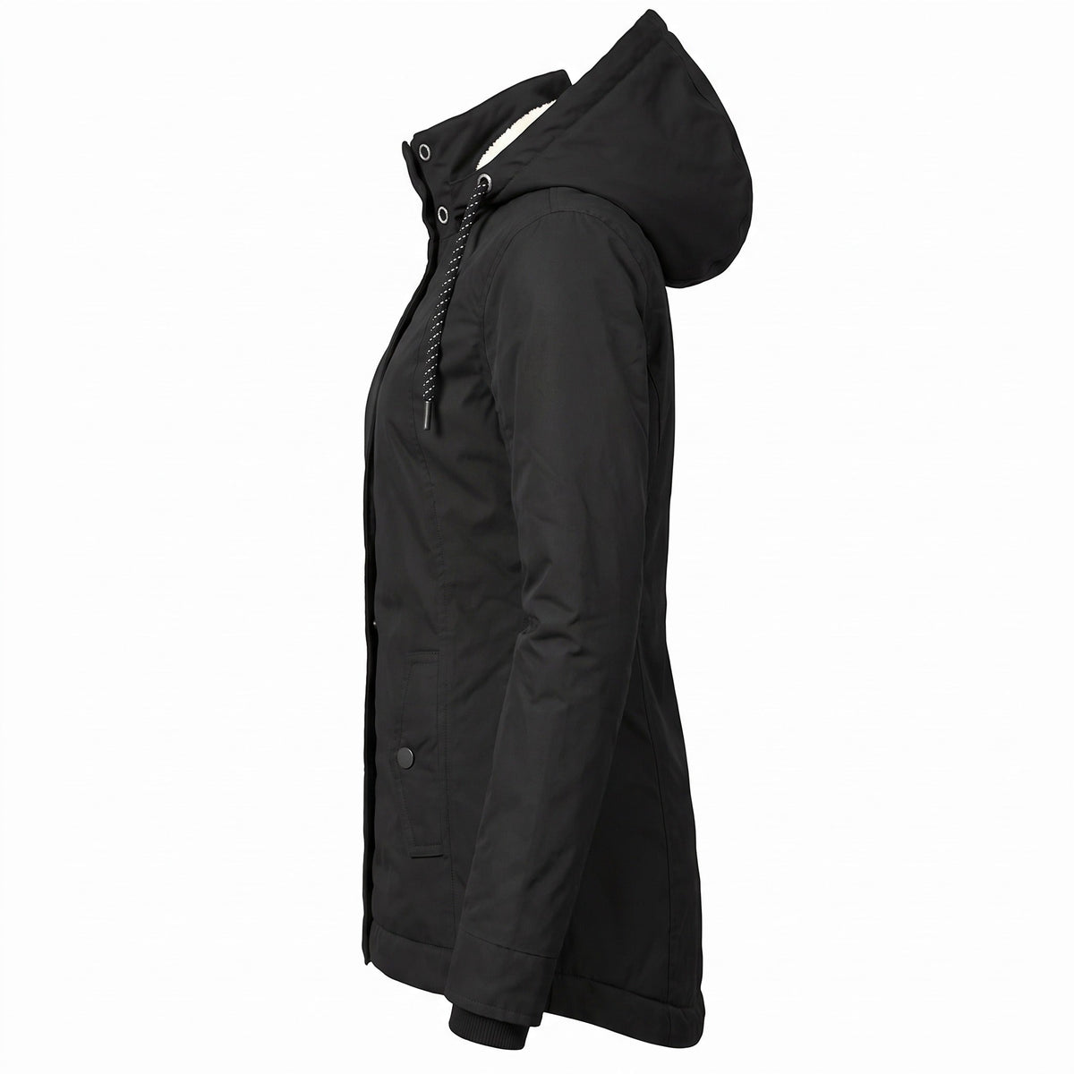 Zwarte winterjas met capuchon, opzij gefotografeerd op paspop | Boutique Moda