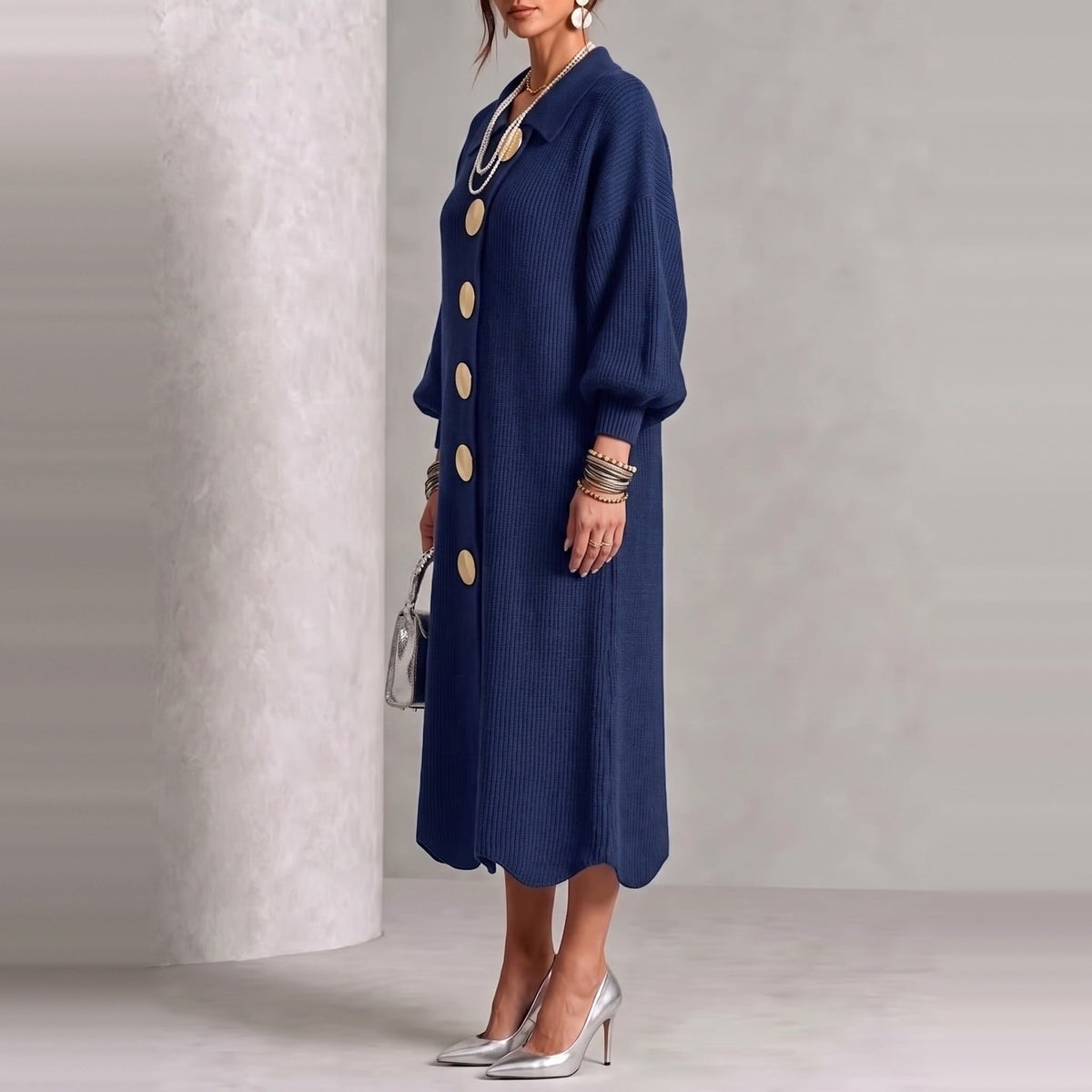 Gebreide Jurk Dames met Knopen | Ballonmouwen | Golvende Zoom | 7 Kleuren