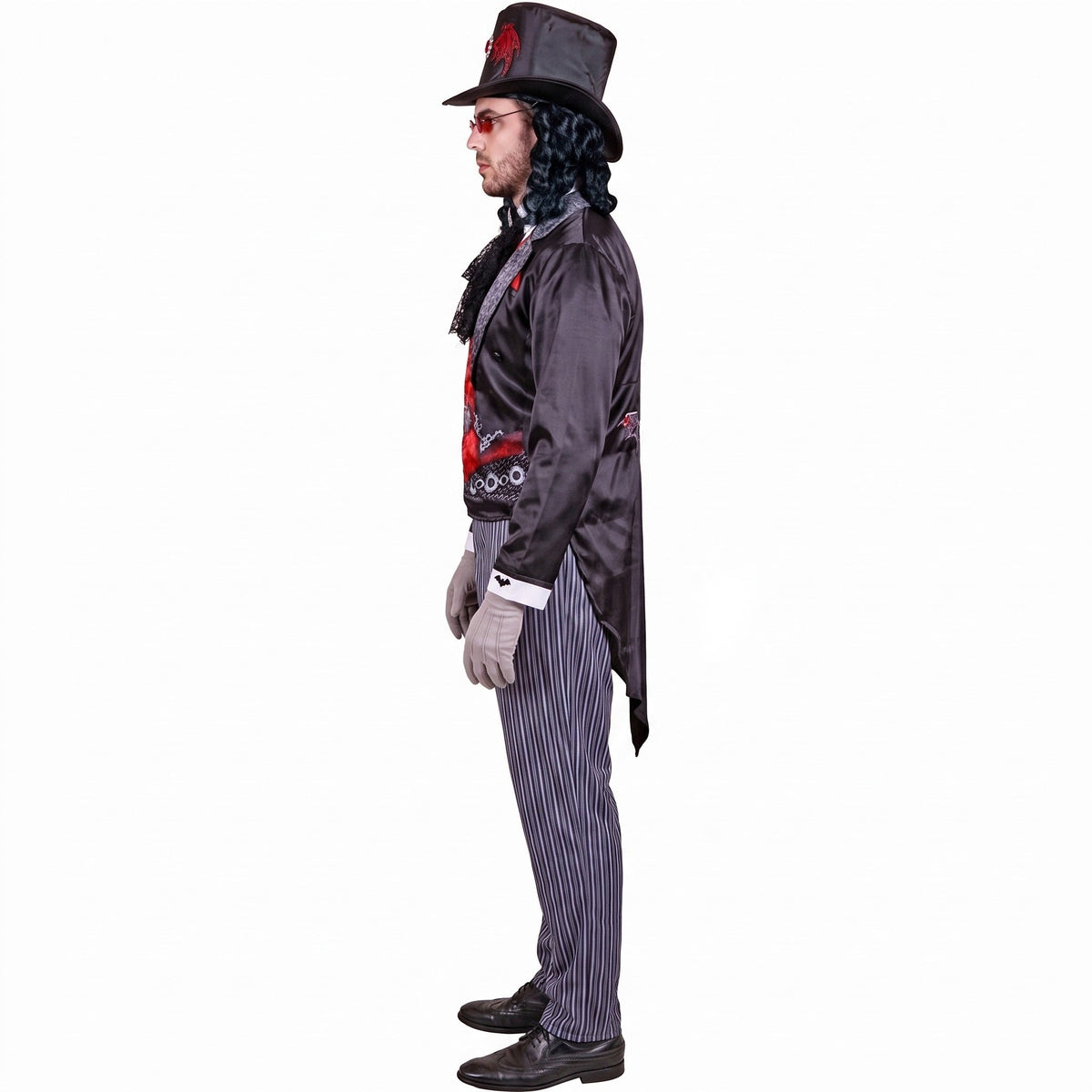 Gothic Vampier Kostuum | Slipjas | Krijtstreepbroek | Hoge Hoed | Jabot