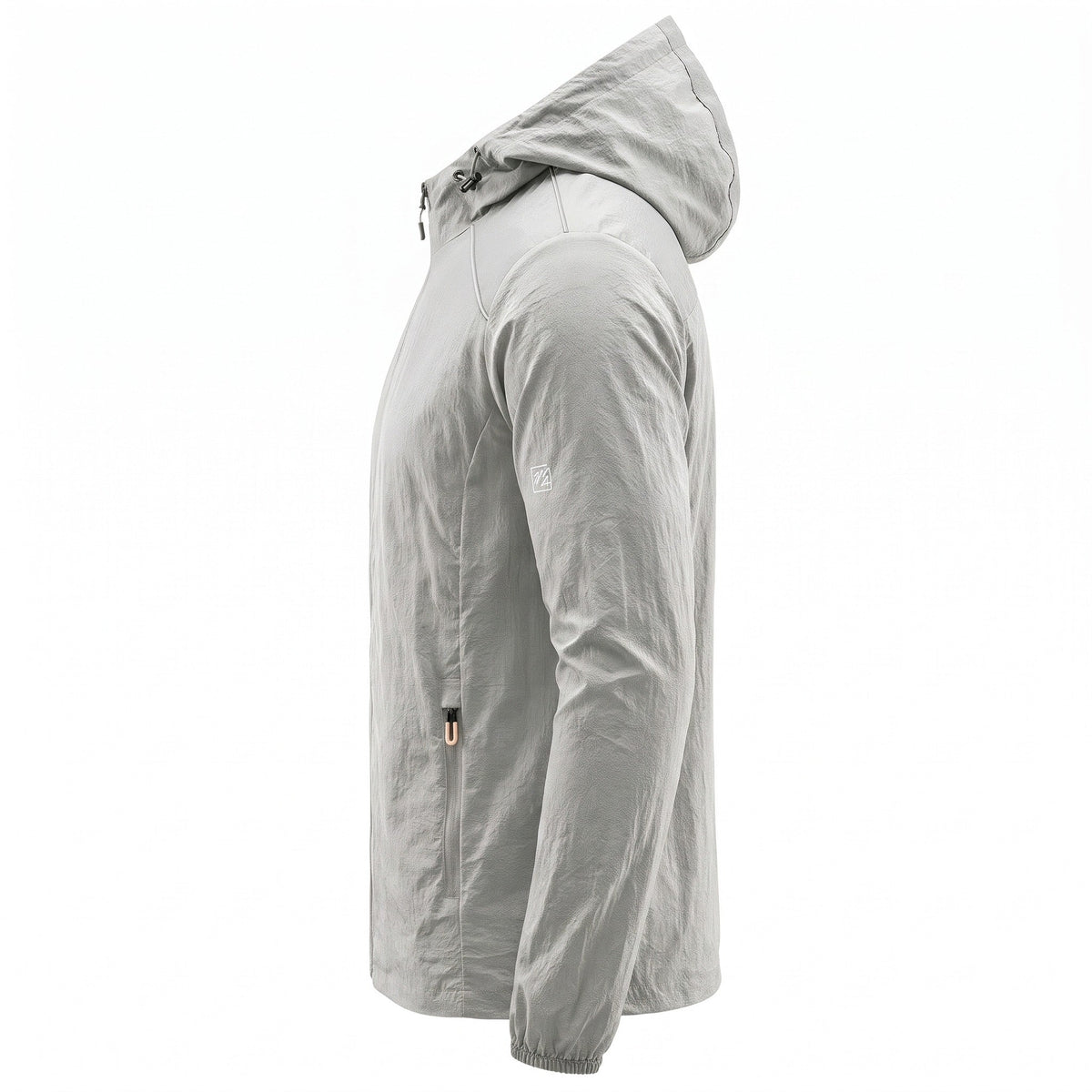 Grijze outdoorjas met capuchon, zijaanzicht op mannequin getoond | Boutique Moda