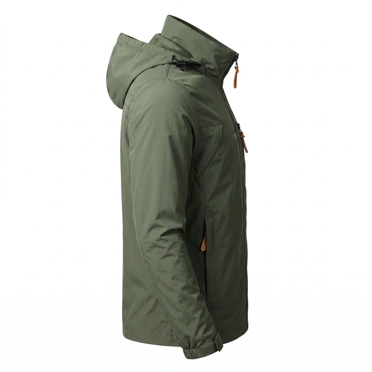 Groene outdoorjas met capuchon, zijaanzicht op onzichtbare paspop | Boutique Moda
