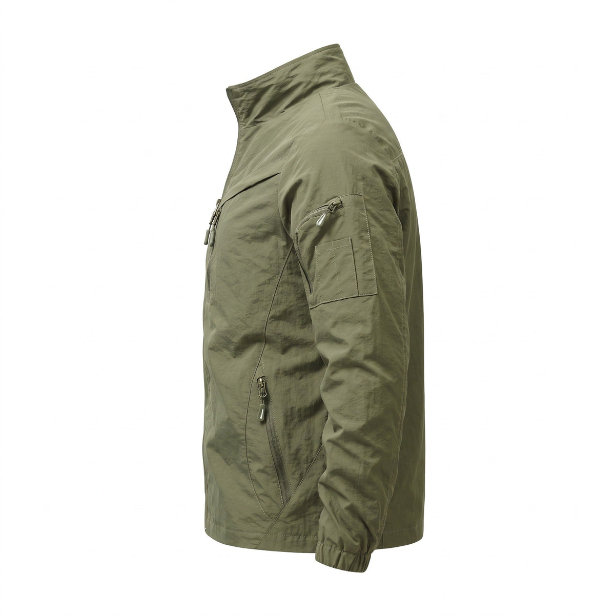 Groene utility jas met opstaande kraag en mouwzak, getoond op paspop | Boutique Moda