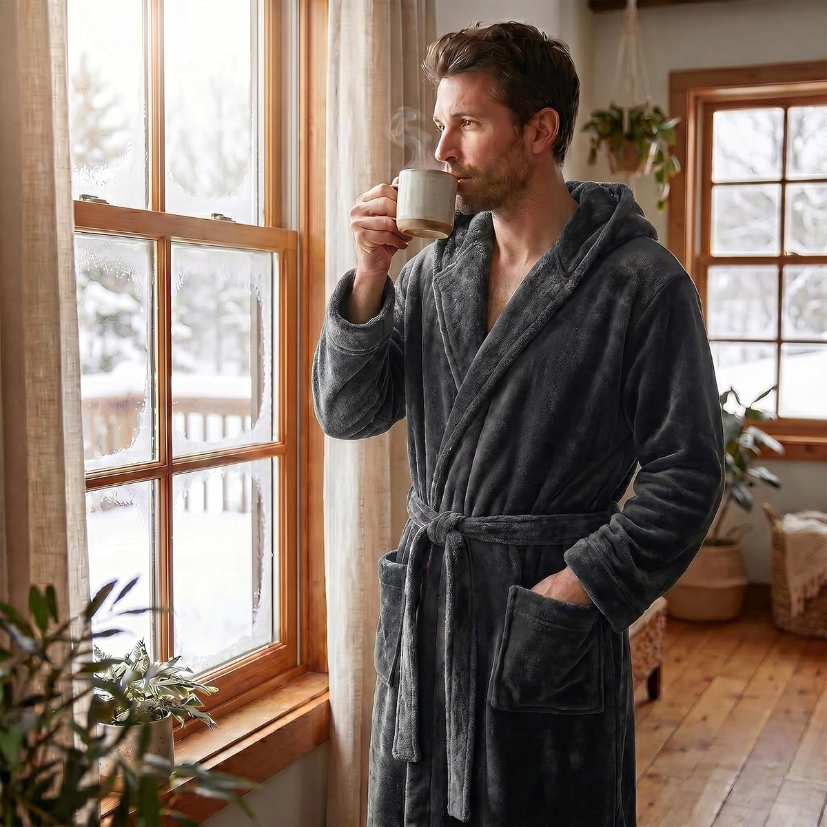 Fleece Badjas Heren met Capuchon | Tweekleurig | 10 Kleuren