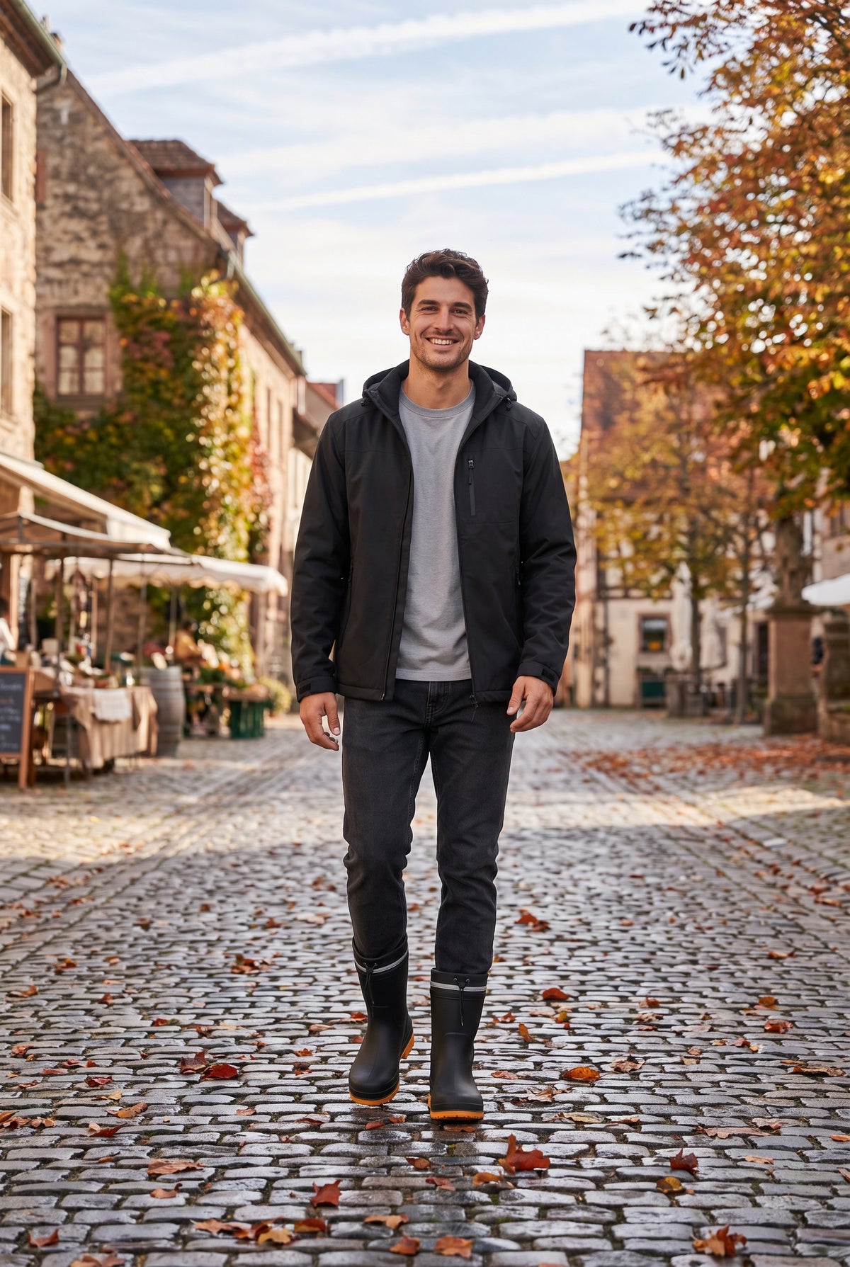 Man draagt zwarte regenlaarzen met jas, wandelend op geplaveide straat | Boutique Moda