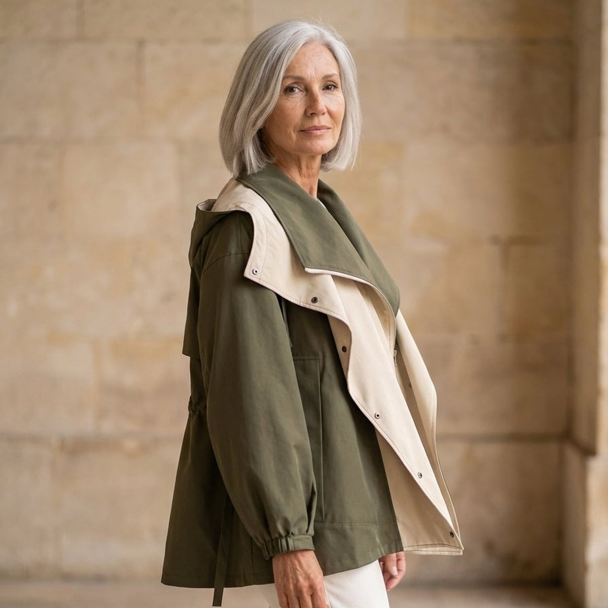 Groene regenjas met capuchon en beige binnenvoering, gedragen door vrouw | Boutique Moda