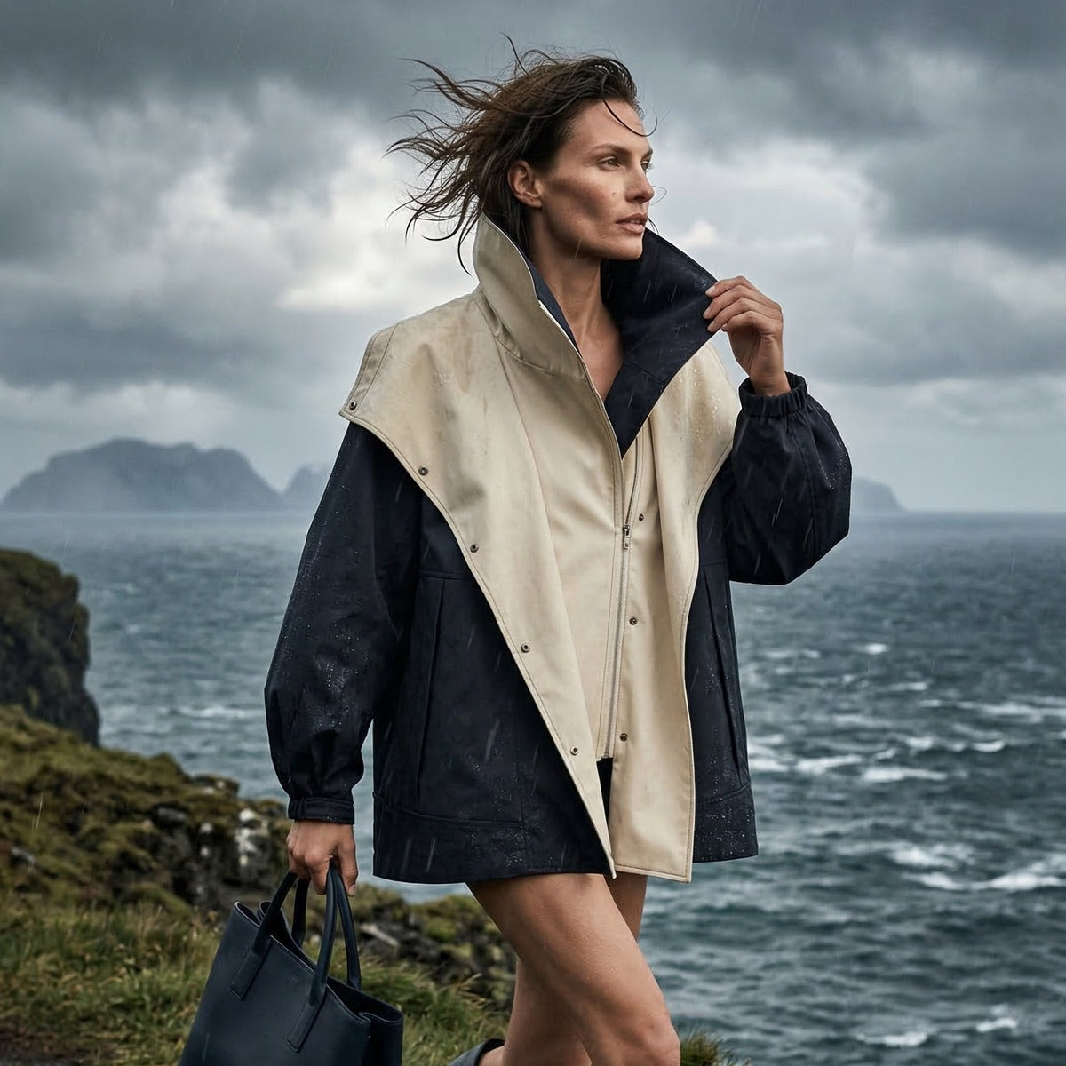 Vrouw draagt beige-zwarte regenjas met capuchon op winderige kliffen | Boutique Moda